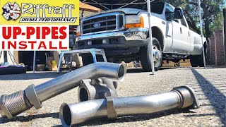 2001 F350 73  RiffRaff UpPipes Install  Stock up pipes leaking and falling apart JUNK SP [upl. by Angelika]